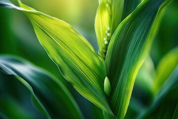Obraz premium Close-up of vibrant green leaves with small pale buds and sunlight filtering through, evoking calm fresh serenity