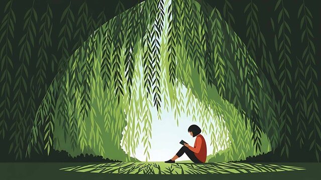 introvert woman reading a book under lush willow tree relaxing alone in peaceful nature retreat concept for mindfulness and self care