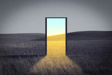 An open door into a field is like a portal to another dimension.