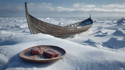 A wooden boat rests on snow surrounded by ice. A plate with food is placed on the ground. The scene shows a winter landscape with clouds in the sky.
