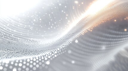 flowing dotted mesh and drifting particles forming an undulating luminous wave with soft white and warm glow, serene futuristic and ethereal atmosphere