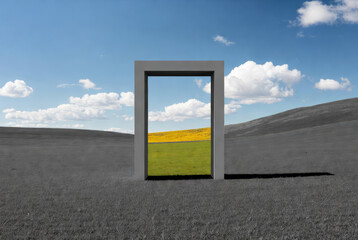 An open door into a field is like a portal to another dimension.
