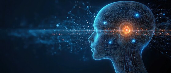 Futuristic digital human head profile made of glowing blue circuitry with connecting data nodes and an orange neural core, conveying intelligence and contemplative focus