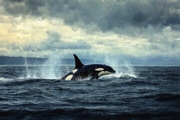 Orca breaching through choppy dark sea with spray under a dramatic stormy sky near a distant tree-lined coastline, a powerful and majestic wild moment