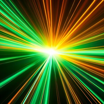 Abstract light trails and glowing motion blur with green and orange neon streaks
