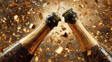 Two champagne bottles popping at the same time with splashing liquid and golden confetti, Luxury celebration concept