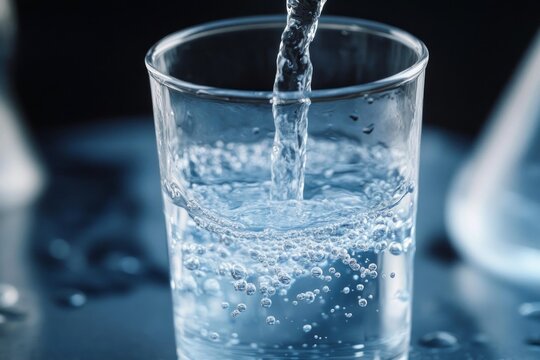 Close-up of a clear glass being filled with sparkling water, bubbling effervescence and droplets on a cool blue surface, evoking a refreshing crisp sensation