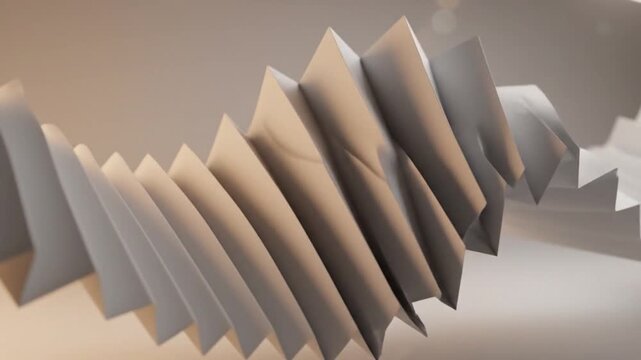 Close-up shot of a 3D rendered abstract object with geometric shapes in shades of gray and beige against a gradient background.