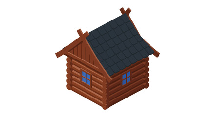 isometric log cabin wooden house illustration with blue windows and shingle roof rustic vacation cottage icon for real estate and travel