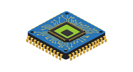 isometric microchip illustration with central processor unit and circuit board connections modern semiconductor technology icon for it blogs