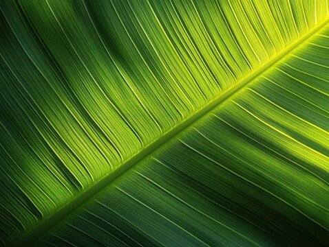 Close-up sunlit tropical leaf with detailed parallel veins and diagonal midrib, vibrant green textures conveying calm and fresh natural serenity