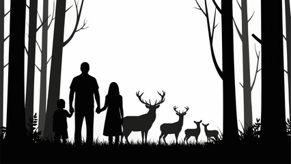 Family and Deer Silhouette in Forest.