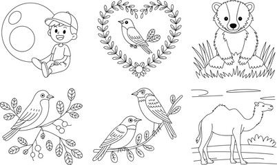 Fototapeta premium Black and white line of children animals and birds