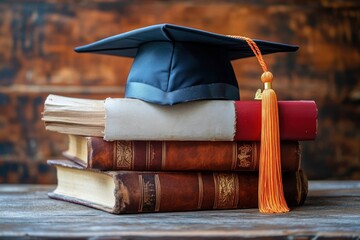 graduation mortarboard with orange tassel resting on a rolled diploma and a stack of vintage leather books, evoking scholarly pride and accomplishment