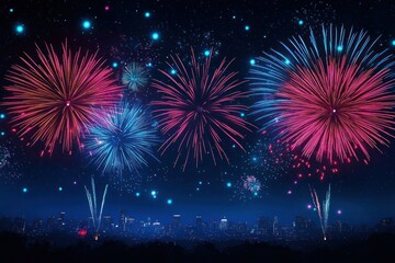 colorful red and blue fireworks exploding over a glowing city skyline at night with a starry sky and silhouetted trees, a festive awe-filled celebration