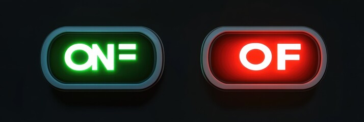 Two illuminated pill-shaped toggle buttons on a dark background, a bright green on label with three short horizontal lines and a glowing red of label, creating a tense contrasting decision mood