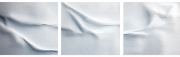 triptych of soft white fabric panels with gentle folds and subtle shadows conveying a serene and calming minimalist textile texture