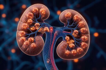 Glowing pair of human kidneys with illuminated nephrons, branching blood vessels and ureter against a dark abstract background, futuristic and awe-inspiring