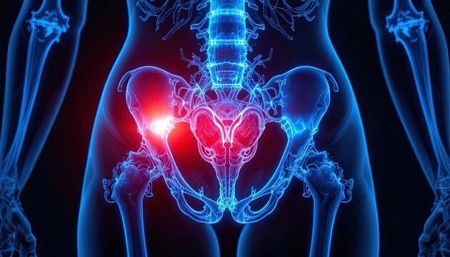 Pelvic pain concept with glowing red area on female lower abdomen