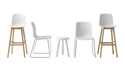Minimalist modern seating arrangement featuring four white chairs and a small table isolated on a