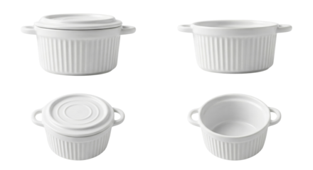 Set of four white ceramic ramekins with ribbed exterior and different lid styles isolated on