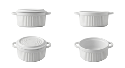 Set of four minimalist white ceramic casserole dishes with lids isolated on transparent background