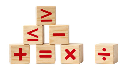 Set of wooden blocks illustrating basic mathematical operations with isolated transparent background