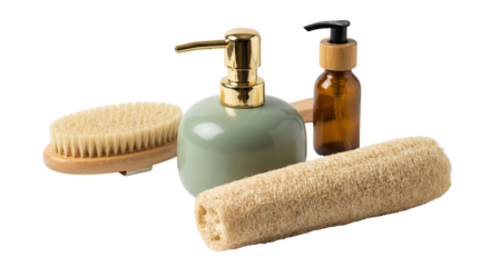 set of luxury personal care items including lotion a pumice stone and towels isolated on a