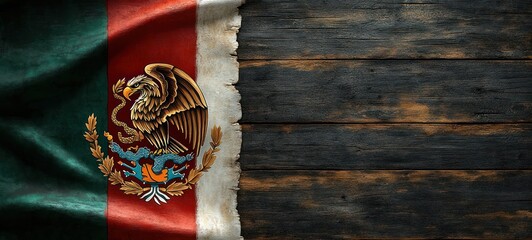 tattered aged mexican flag with golden eagle clutching a snake on a frayed edge beside weathered dark wooden planks, solemn proud atmosphere
