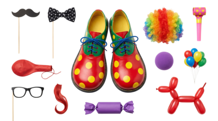 Colorful playful accessories and shoes collection with fun decorative items isolated on