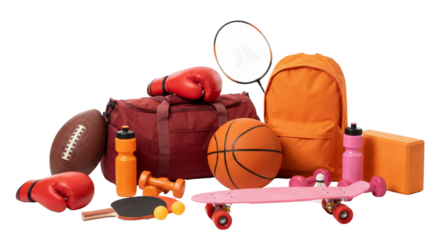collection of sports equipment and gear displayed on a black background with transparent background