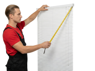 Young man adjusting white window blinds with measuring tape in a modern interior setting isolated