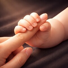 3D semi-realistic artwork of a baby&rsquo;s hand gently holding an adult finger, soft skin tones with smooth gradient transitions, realistic finger curvature, intimate lighting with subtle shadows