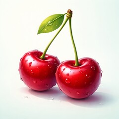 3D semi-realistic illustration of two red cherries connected by a green stem, glossy skin with realistic water droplets, smooth gradient shading, strong 3D depth and rounded volume