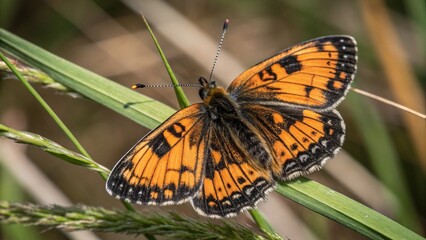 A delicate monarch butterfly with orange and black wings rests on a colorful flower in a summer garden, showcasing the beauty of nature in this macro wildlife close-up