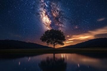 Obraz premium Solitary tree on a grassy hill reflected in a calm lake beneath a vivid Milky Way and star-filled sky with a warm glowing horizon, evoking serene awe