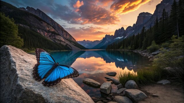 Scenic panorama of a high mountain peak and glacier reflecting in a calm national park lake under a vibrant sunset sky with summer clouds over the forest valley landscape - Powered by Adobe