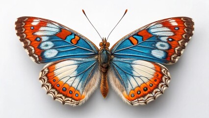 A colorful monarch butterfly with orange and black wings is isolated on a white background in this beautiful macro nature closeup of a lepidoptera insect