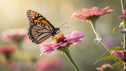 Fototapeta premium A vibrant monarch butterfly with orange and black wings rests on a beautiful pink flower in a sunny summer garden, captured in a colorful macro nature shot