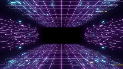 Futuristic Digital Tunnel with Glowing Purple Grid and Circuit Board Patterns.