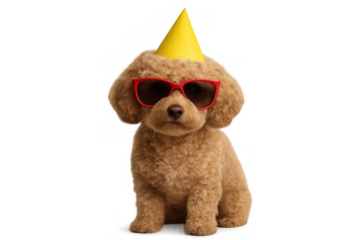 Poodle puppy celebrating birthday, wearing yellow party hat and red sunglasses, transparent background
