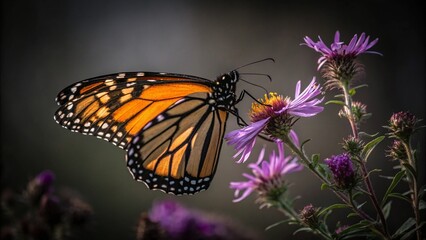 A beautiful macro close-up of a monarch butterfly with orange and black wings resting on a colorful purple flower in a summer nature garden
