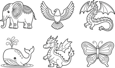 Six black and white line of animals and mythical creatures