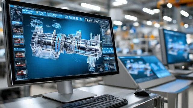 Engineering Design on Display: Modern workstations showcase detailed blueprints and 3D models of machinery, symbolizing innovation, precision.