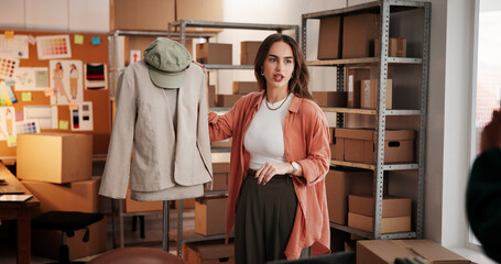 Fashion, influencer and promotion with woman in warehouse for startup, ecommerce show and...