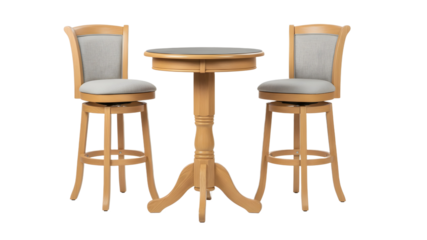 Light wood bar table with grey upholstered swivel stools, isolated