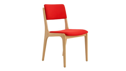 Fototapeta premium Modern minimalist wooden chair with bright red fabric seat, isolated