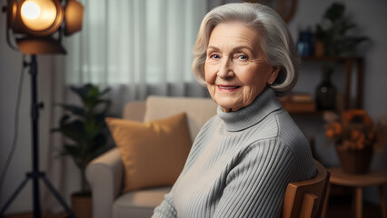 Elderly woman smiling while sitting on a chair in a cozy interior - Concept of People  