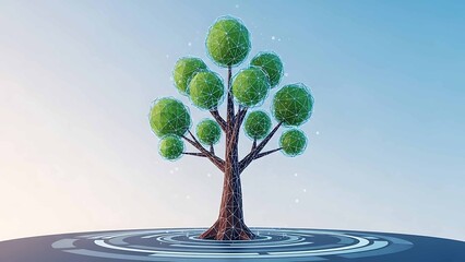 low poly digital tree growing from water with polygon leaves on blue gradient background symbolizing sustainable technology and innovation