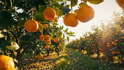 Sun-drenched orange citrus grove filled with ripe fruit and lush green leaves, showcasing abundant harvest.